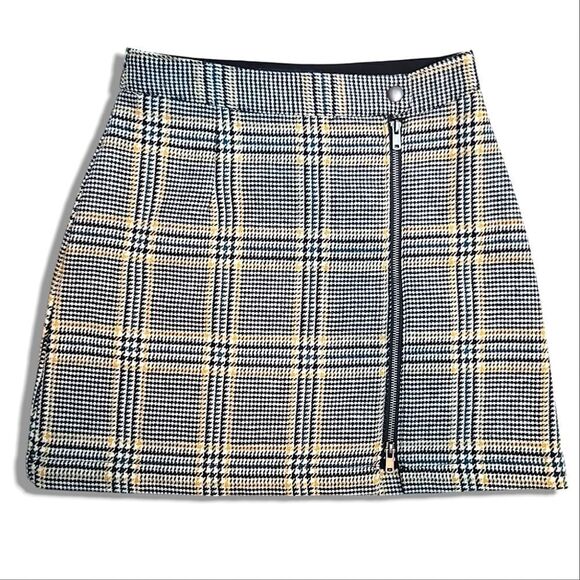 Abercrombie & Fitch Houndstooth Plaid Pleated Yellow & Black Zip Slit Y2K Skirt - Picture 1 of 7